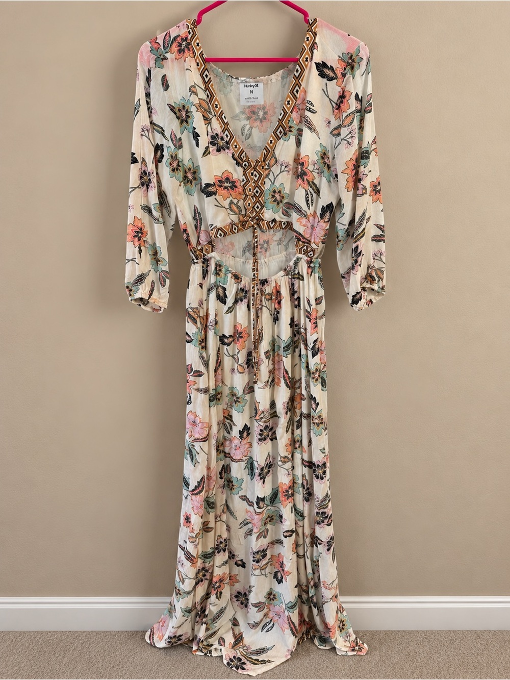Hurley Cream Floral Maxi Dress with Pink & Green Accents